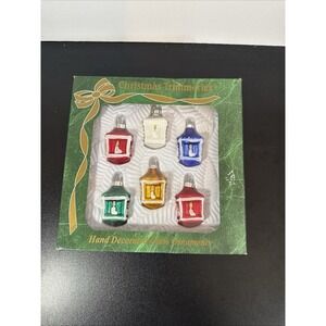 6 Vintage Bradford Lantern Ornaments Glass Candle Christmas Trimmeries Colorful